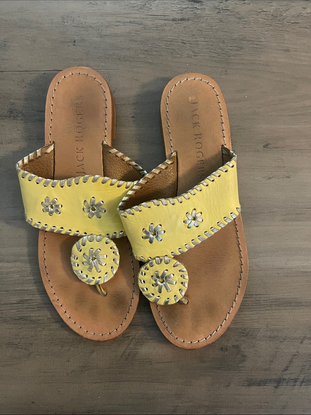 Jack Rogers Yellow Leather Slide Sandals with Silver Accents